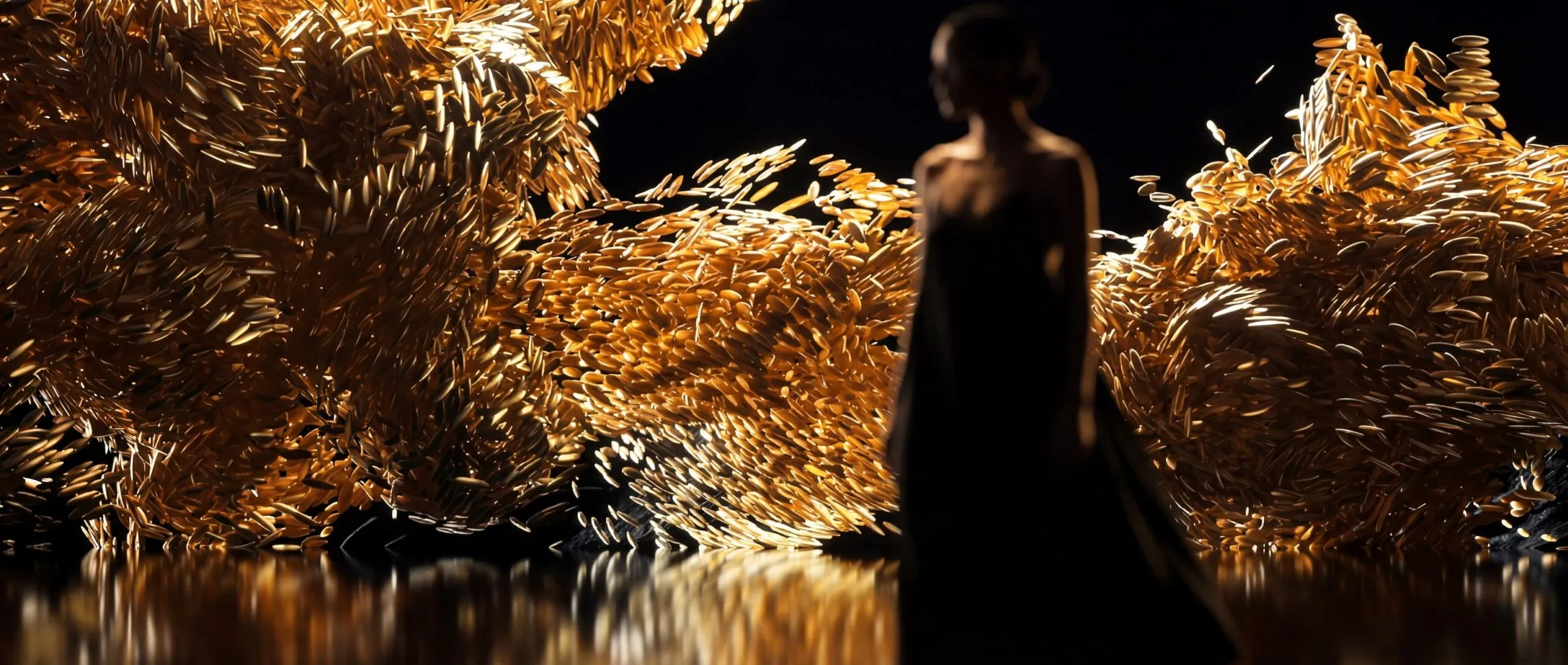 A dancer, softly out of focus, stands before a wall of golden metallic fibres reflected in the floor