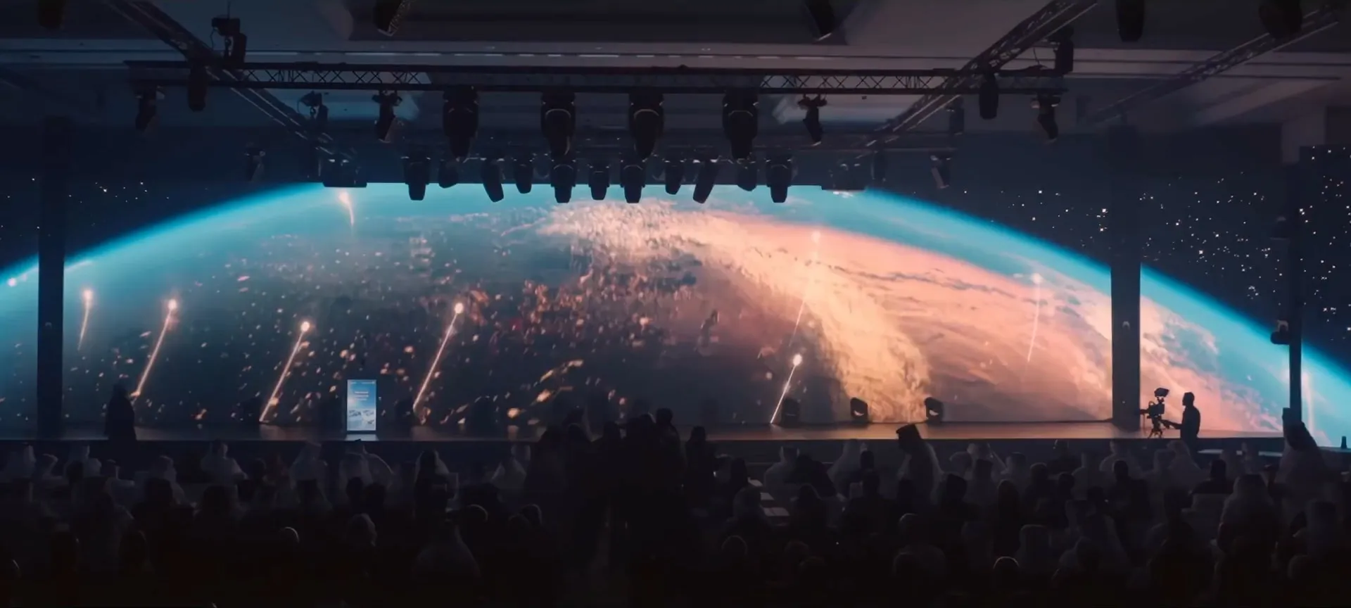 The curve of the Earth rises across the full width of the stage screen above the launch audience in Doha